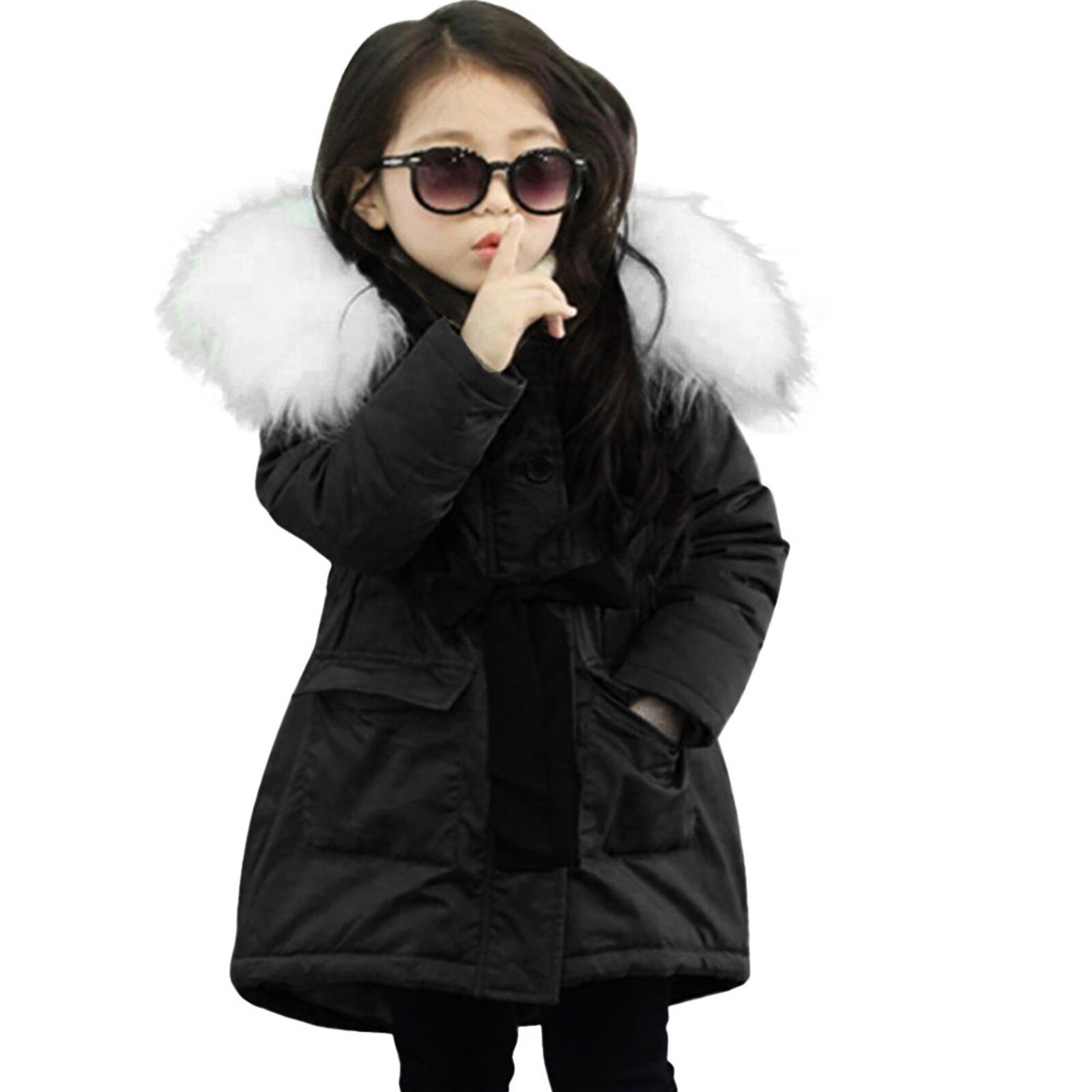 Toddler Girl Winter Clothes Pocket Baby Girl Fur Hooded Tops Solid Padded Coat Kids Long Thicken Warm Jacket Зимний Комбинезон Д: Black / 12