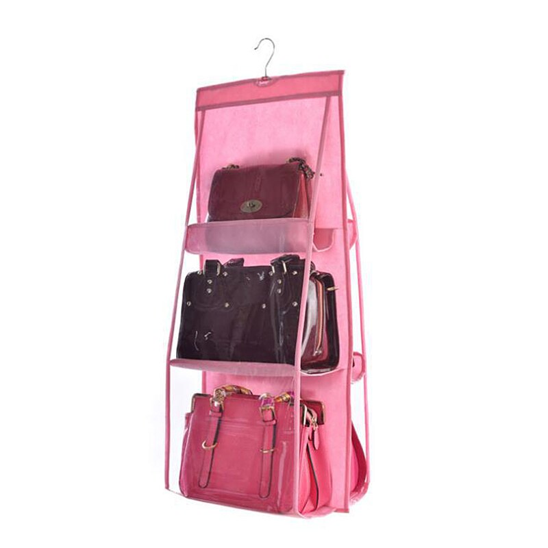 6 Pocket Hanging Bag Organizer Wardrobe Transparent Storage Bag for Handbag Closet Shoes Organizer Door Wall Clear Sundry Pouch: Pink