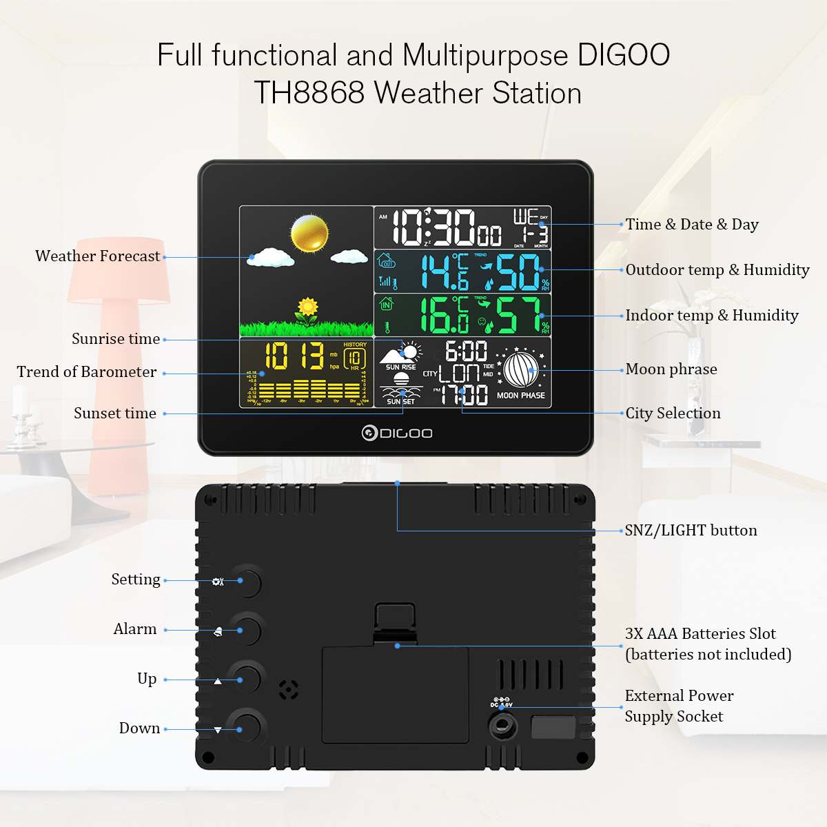 Digoo DG-TH8868 Station météo numérique sans fil intérieur extérieur capteur température Instruments hygromètre thermomètre horloge