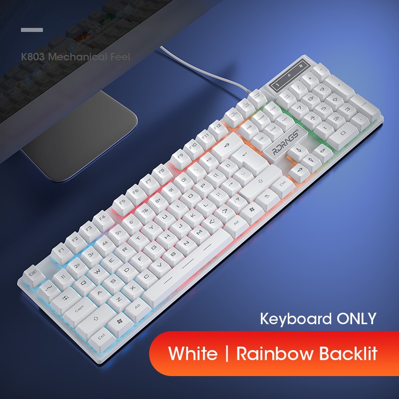 Wired Gaming Keyboard Mouse Gamer Kit PC Gamer Mechanical Feel Keyboards Rainbow Backlight Computer Backlit 104 Keys Keycaps Set: RainbowKeyboardWhite