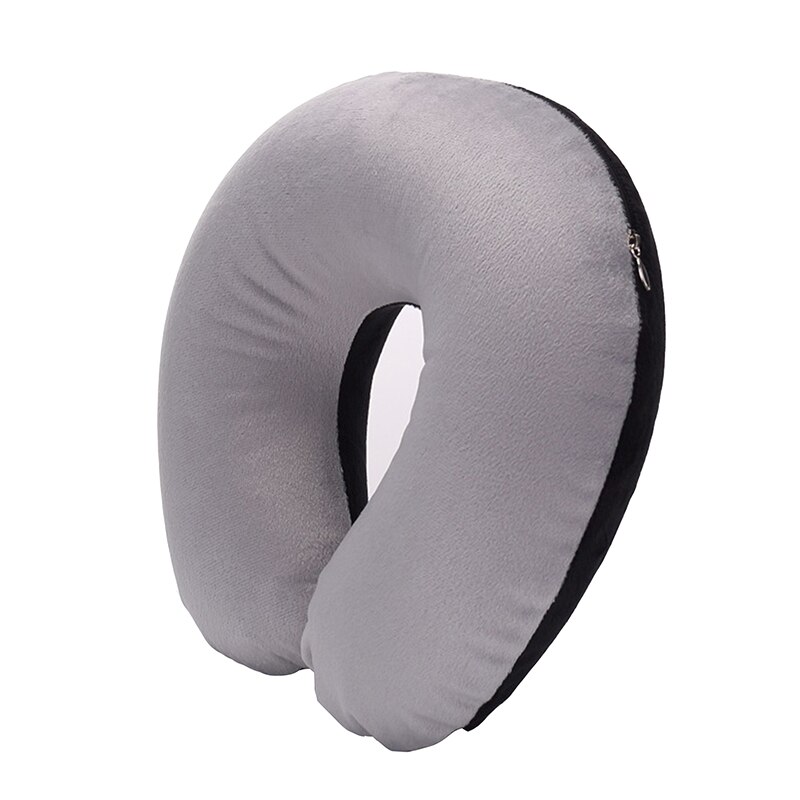 1PC Opblaasbare U-vormige Reizen Air Kussen Comfortabele Nek Ondersteuning Korte Pluche Cover Kussen Nek Verlichten Vermoeidheid: gray and black