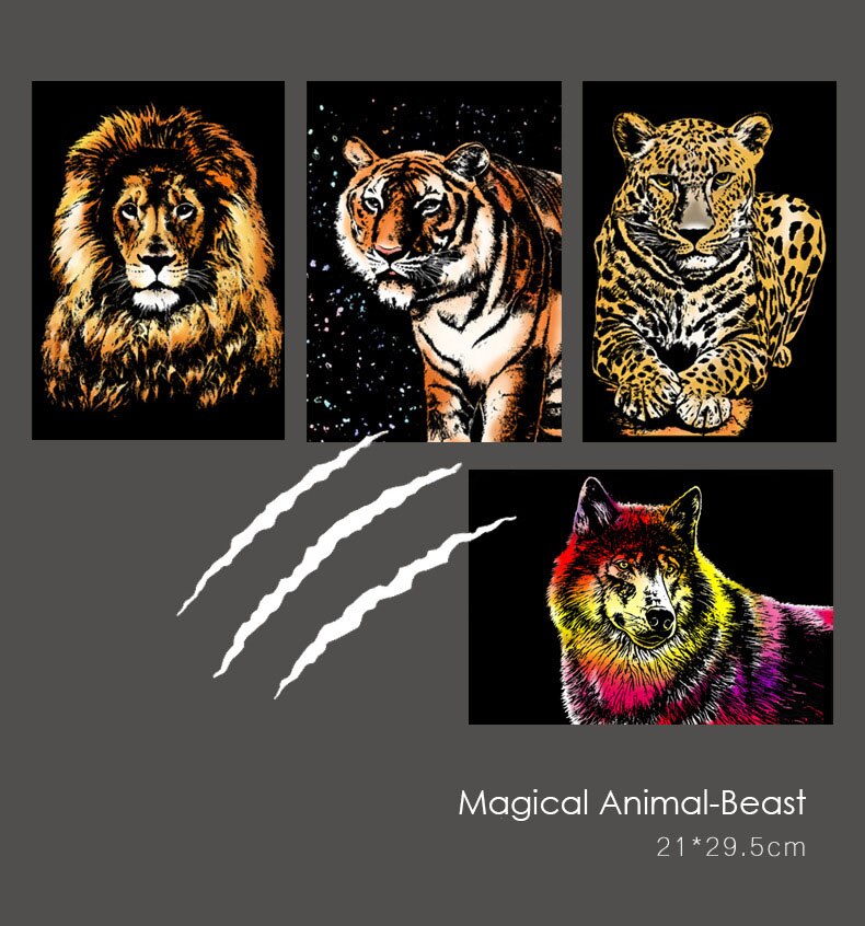 4 Pcs 29.5*21.5 cm A4 Magic Scratch Painting DIY manual Famous City Building Night View Scraping Paiting Drawing Toys For Kids: Beast