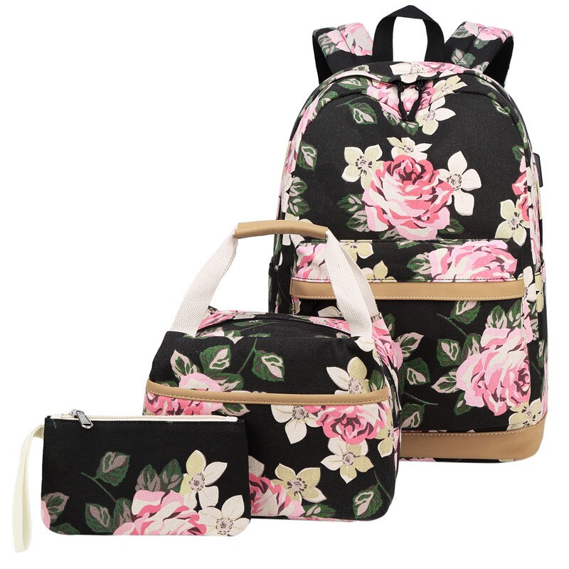 Bloemen Meisjes Rugzak voor School Lichtgewicht Bookbags Satchel College Tassen Tiener Meisjes Kids Schooltas Set Vrouwen Reizen Dagrugzak: X625 Black 1 Set