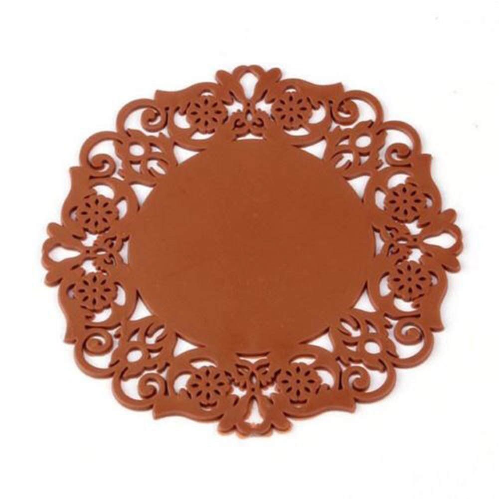 Hollow Lace Flower Round Silicone Coaster Heat Resistant Table Cups Pads FP8: Brown