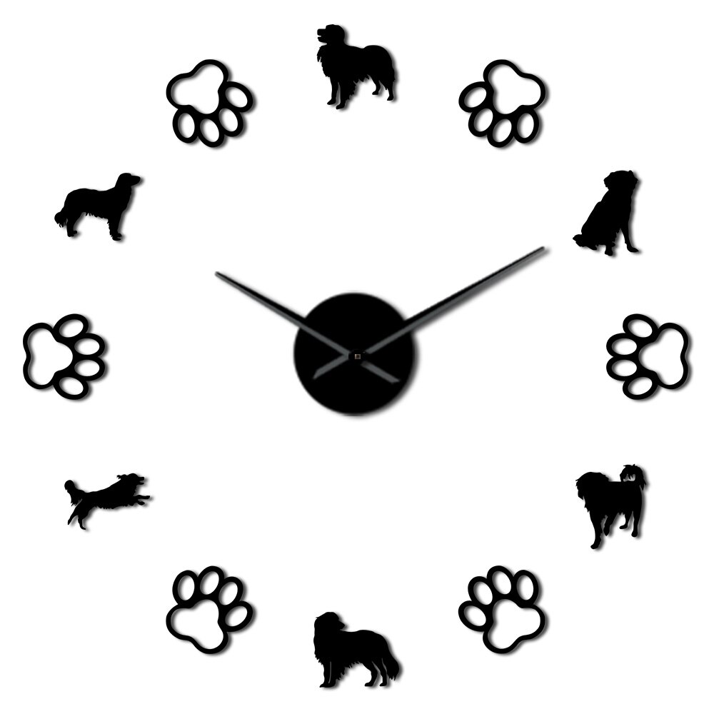 Frameless Kooikerhondje Dog Breeds 3D DIY Wall Clock With Cute Dog Footprint For Dog Lover Self Adhesive Mute Acrylic Clock: Black / 27inch