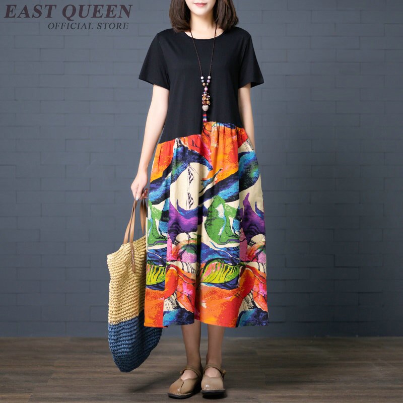Løse afslappede kjoler til kvinder sommer patchwork bomuld linned retro kjole kinesisk stil lang kjortel vintage femme  ta1761