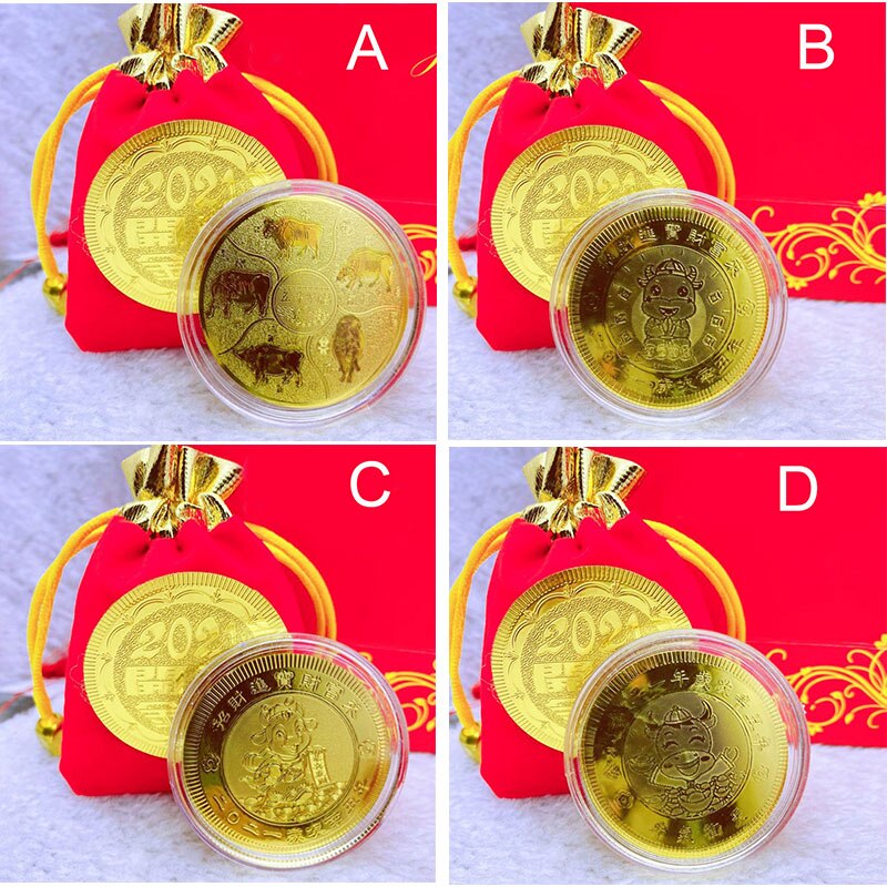 Year of The Ox Zodiac Gold Coin with Year Red Cloth Bag Commemorative Coin Feng Shui Decorations Supplies GHS99
