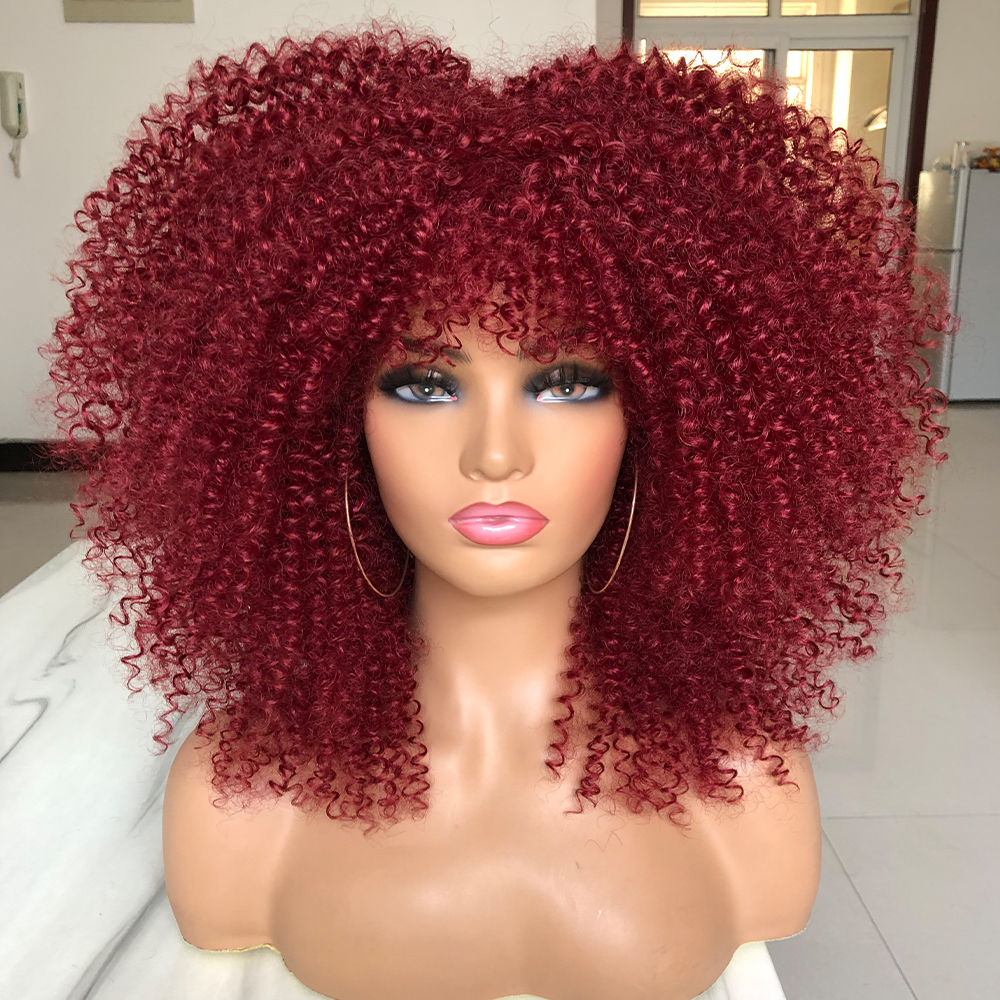 Perucas afro encaracoladas para mulheres negras, perucas sintéticas afro encaracoladas com franja, cabelo longo e fofo e encaracolado: Bug