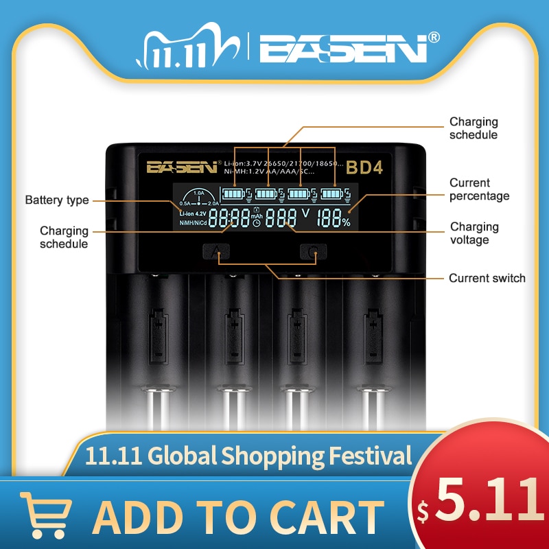 BASEN BD4 18650 Battery Charger for 3.7V/1.2V 26650 21700 AA/AAA 18650 NiMH li-ion battery Smart Charger with 5V/2A Plug