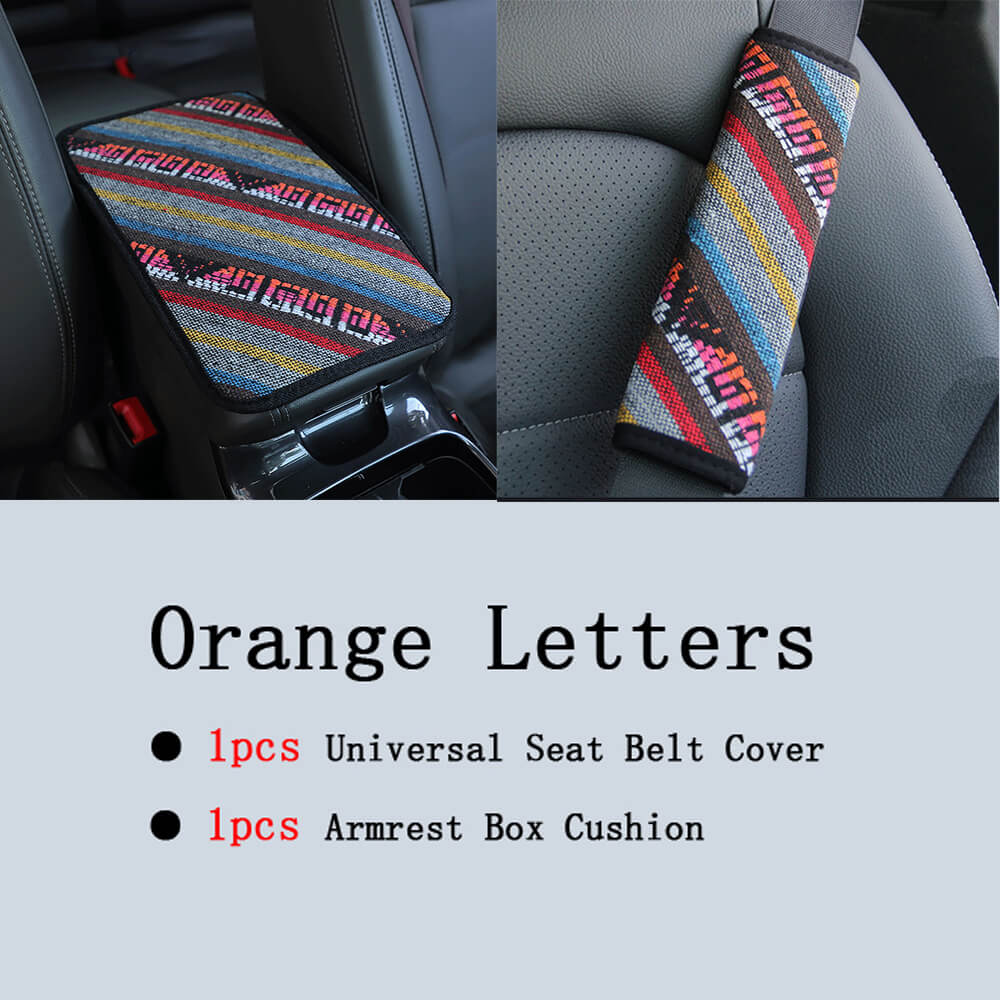 Auto Armlehne Box Kissen Vier Jahreszeiten Ethnische Stil Leinen Stoff Atmungs Nicht-slip Zentrale Griff Box Abdeckung Auto Zubehör: Orange letters B