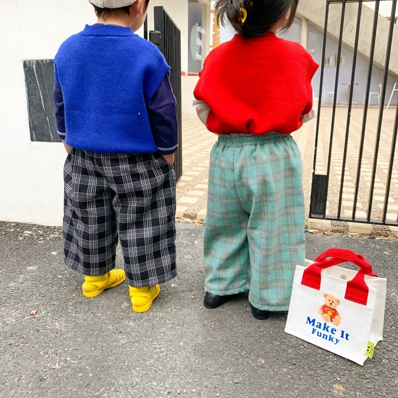 Pantalones de pierna ancha holgados a cuadros para niña, informal Pantalón recto de algodón, a la , de 1 a 7 años, novedad de primavera