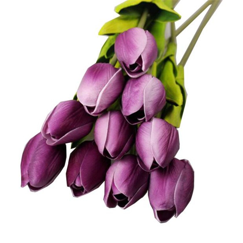 Null Tulpe Künstliche Blume Latex Real berühren Braut Hochzeit Strauß Heimat Dekor, 10 stücke Gelb: Purpurrot