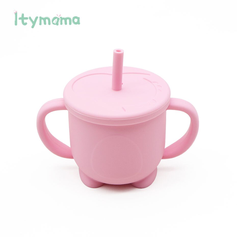Tazas de alimentación para bebés, taza de aprendizaje para beber de silicona, con asa, tapas de silicona sólidas: Rosa