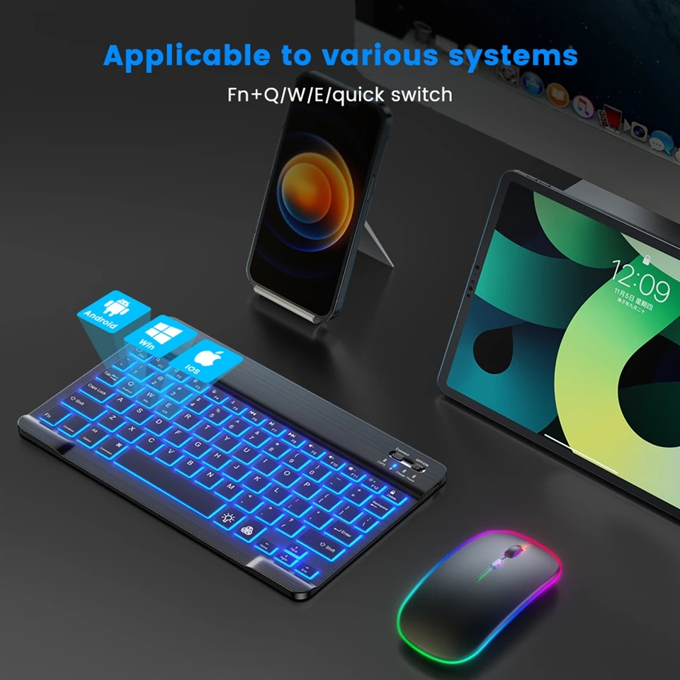 RGB-Bluetooth-Tastatur- und Maus-Set, kabelloses Mini-Tastatur- und Maus-Set, wiederaufladbare russische Tastaturen, 25,4 cm, für iPad-Tablet