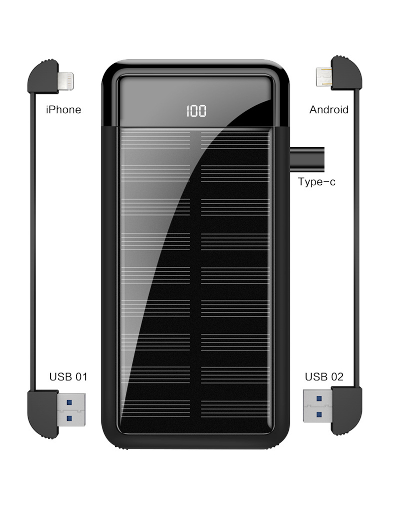 Solar Power Bank 20000mAh Double USB mirror powerbank Solar charger External Battery built in cable for xiaomi HUAWEI iphone