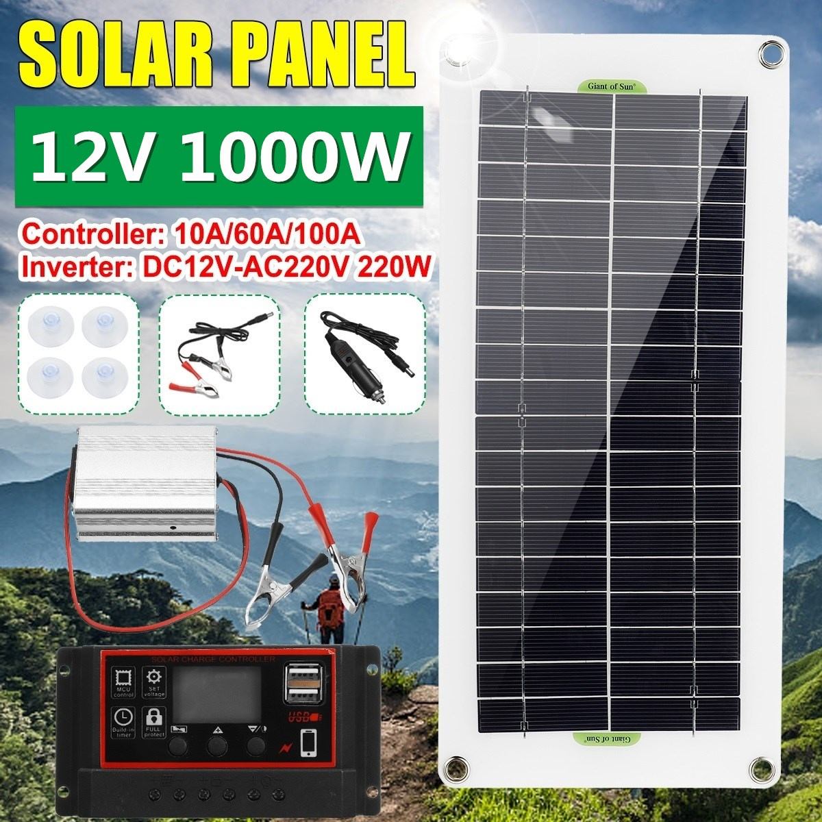 1000W Solar Power Inverter Solar Panel Dual USB Solar Panel Kit Outdoor Battery Supply Charger+Controller+Inverter 10A/60A/100A