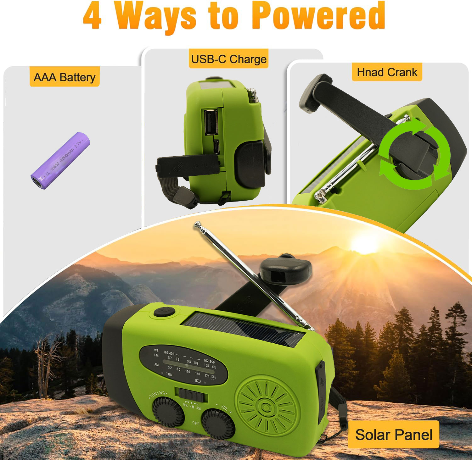 Pequeña radio portátil, radio con batería de 2000mAh, radio de emergencia para exteriores, banco de energía Linterna LED con carga USB Solar