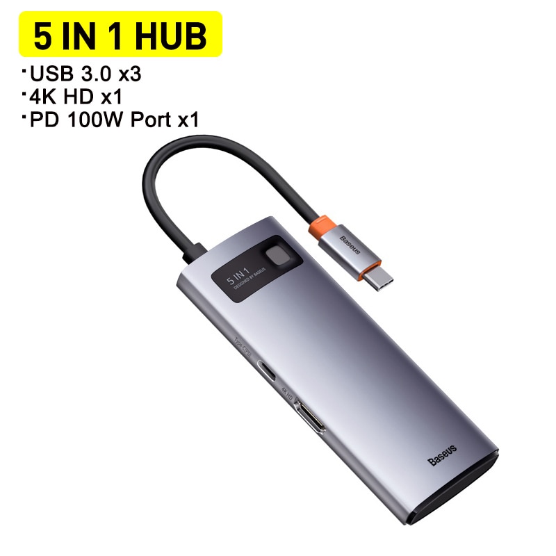 Baseus – HUB USB 3.0 Type C vers HDMI, adaptateur de lecteur SD RJ45, séparateur HUB USB-C 8 en 1 pour MacBook Pro Air et ordinateur portable: 5 in 1 Type C HUB