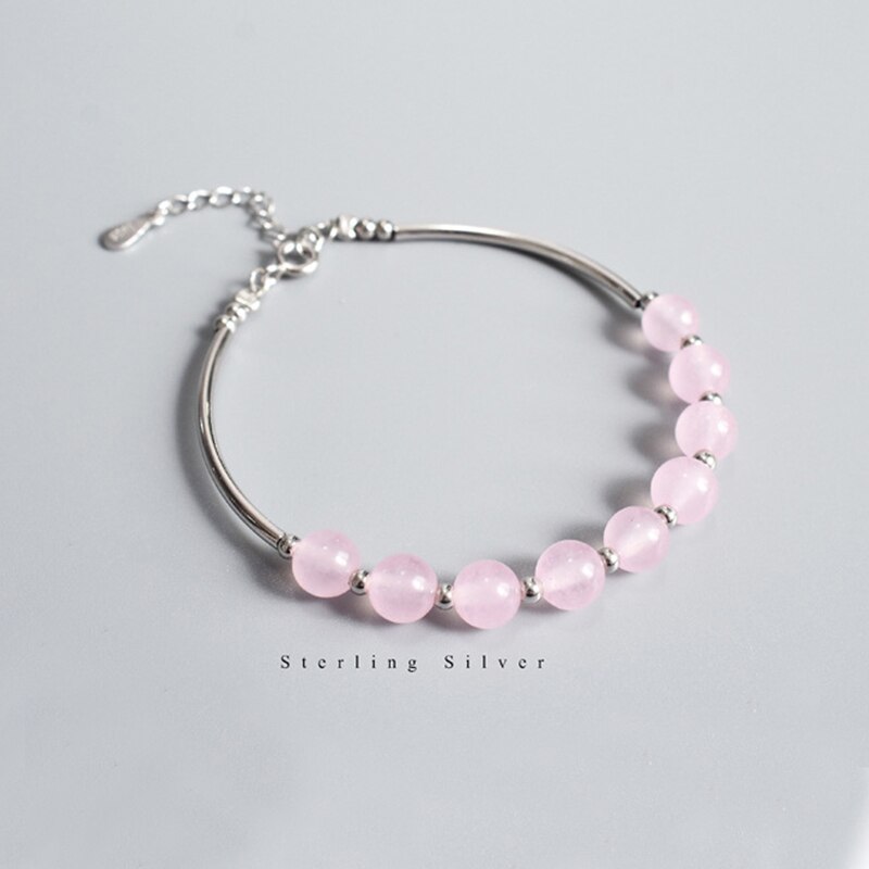 Pulsera de plata de ley 925 de cuarzo rosa Natural para mujer, brazalete de cadena, accesorios de joyería fina, YBR165