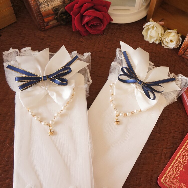 Gants en dentelle pour filles, magnifique collier de perles, cœur Lolita, maille, nœud perlé: Purplish Blue