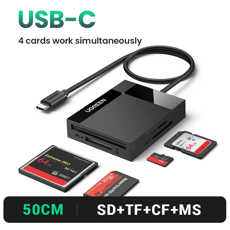 UGREEN Card Reader 4-in-1 USB3.0 USB-C OTG to SD CF Micro SD TF MS Card Adapter for Laptop PC Windows macOS Memory Card Adapter: green