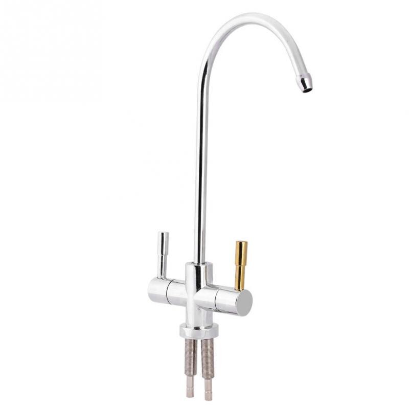 1/4 ''Dubbele Gaten Wastafel Keukenkraan Tap Chrome Omgekeerde Osmose Drinkwater Filter 360 Graden Rotatie Zwanenhals Kraan