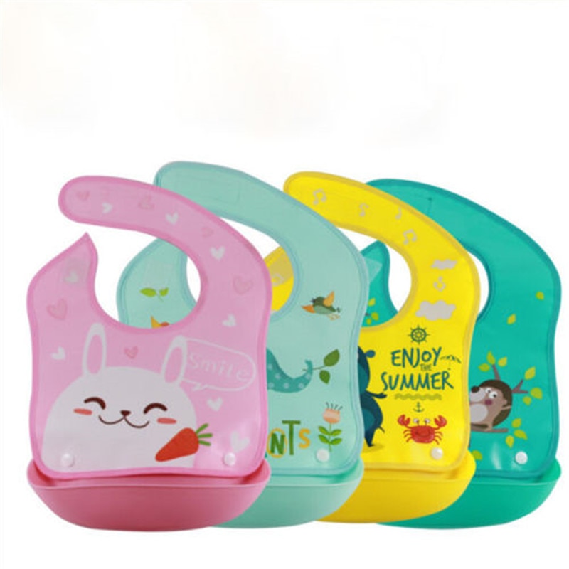 Cute Boys Girls Silicone Waterproof Bib Washable Roll Up Crumb Catcher Feeding Eating Bids Animals Printed Unisex Baby Bids