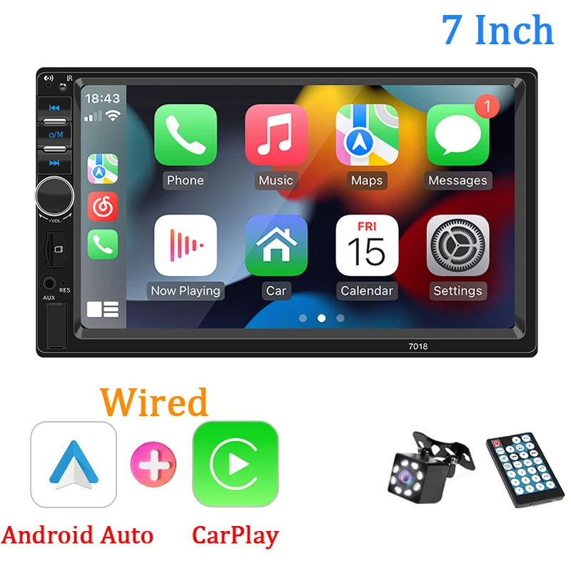 Radio de coche de 7 pulgadas, 1 Din, Carplay, Android, reproductor Multimedia para coche, pantalla táctil HD, Bluetooth MirrorLink, Autoradio Universal, entrada FM AUX: Gris