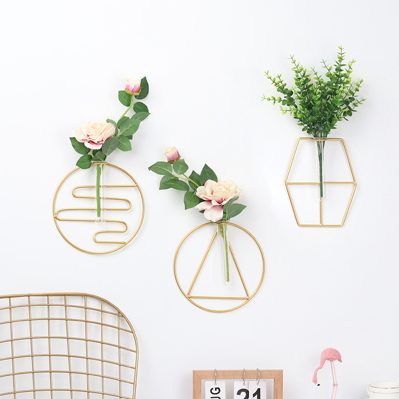 Metallramen blomvas växt glas hängande glasvas hem vas guldvas liten vas för dekor provrör för blommor
