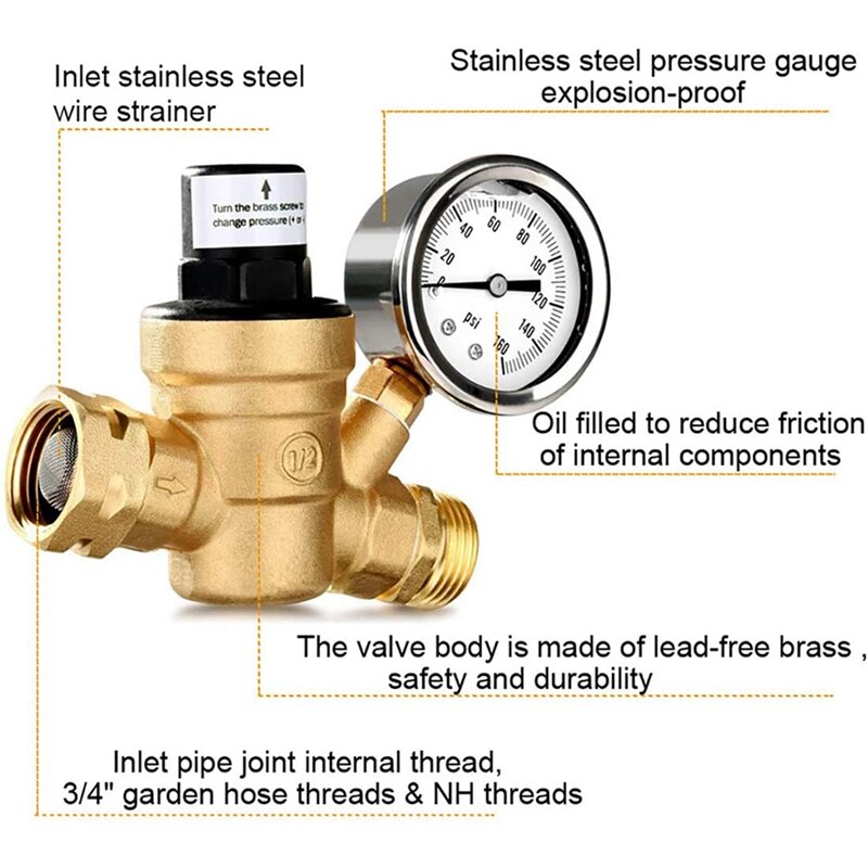-Water Pressure Regulator Valve, Brass Lead-Free Adjustable Water Pressure Reducer, Fit RV Camper Travel Trailer