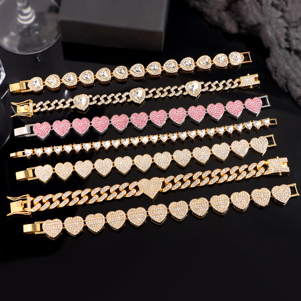 Crystal Heart Cuban Link Ketting Armband Voor Vrouwen Full Strass Hiphop Luxe Bling Chunky Armband Bruiloft Sieraden Cadeau