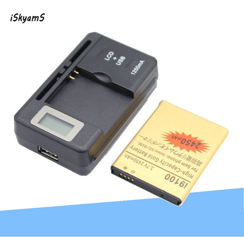 Iskyams 1X2450Mah EB-F1A2GBU EBF1A2GBU Gold Batterij + Lader Voor Samsung Galaxy Sii S2 I9100 I9103 I9050 B9062 i9108 M340S