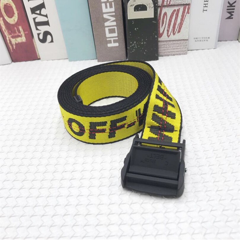 Off White-Trendy All-Match Prachtige Brief Geborduurde Extra Dikke Canvas Riem Zwart Gesp Gesp riem: yellow / 120 CM