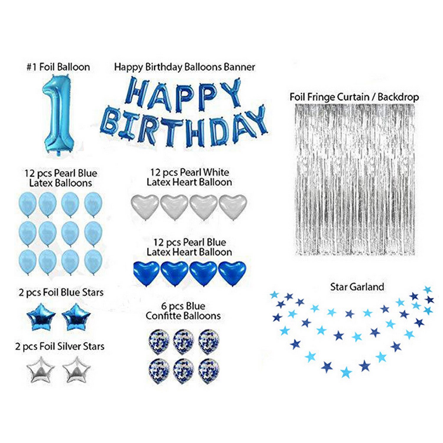 First 1st Birthday Decorations Set with Happy Birthday Banner Foil Fringe Curtain 30pcs Balloons for Party Photo Props Supplies