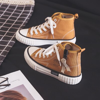 Vrouwen Canvas Schoenen Lente Meisje Casual Schoenen Platte Hak Hoge Top Rits Effen Kleur Sneakers Studenten kaki
