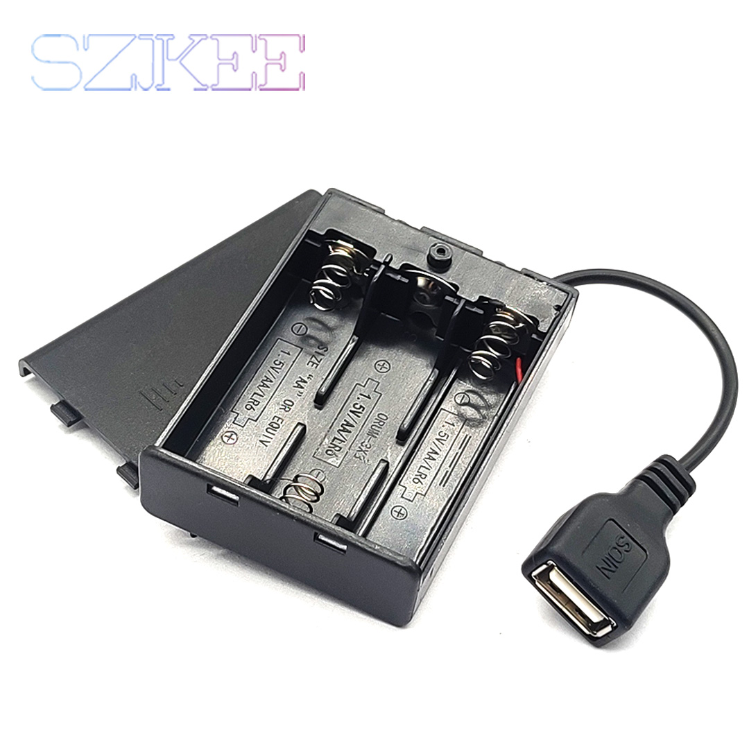 Soporte para pilas AA, caja para pilas AA con puerto de alimentación USB con cubierta y interruptor con ranura 2/3/4/6/8 DIY: Negro