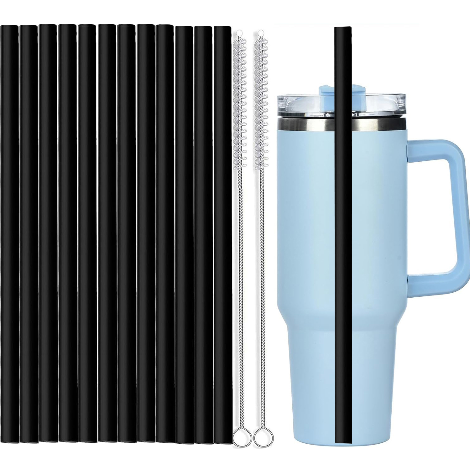 12Pcs Color Replacement Straws for Stanley 30/40 oz Tumbler , 12 in Long Reusable Plastic Straws for Stanley Cup, Plus 2 Brush: black