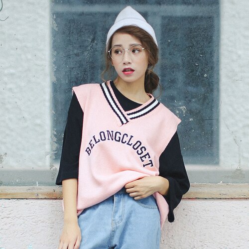 Efterårs koreansk stil preppy bogstaver broderi stribet v-hals strik sweater vest strik ærmeløs pullover vest  t130