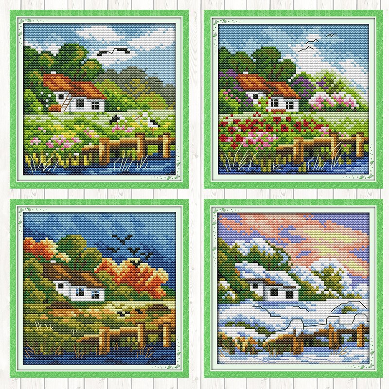 Seizoenen landschap 14ct 11ct count print canvas stof borduurpakketten doe-het-zelf knutselen kruissteekpakket handwerk borduurpatronen