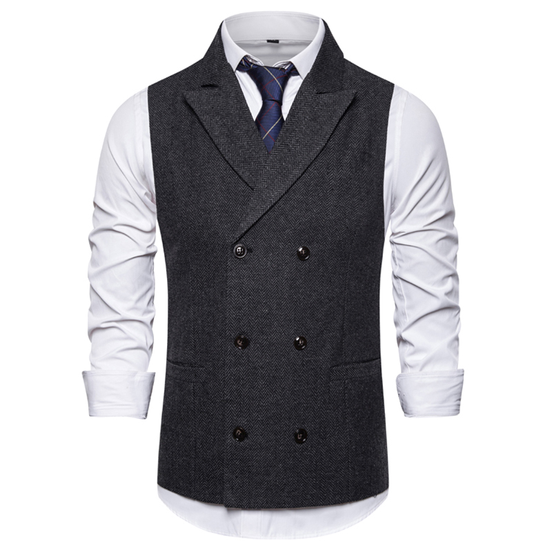 Mode Tweed Double Breasted Pak Vest Mannen Piek Revers Heren Smoking Vest Business Trouwjurk Vest Gilet Homme: Dark Gray / M