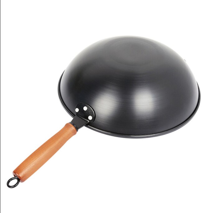 Chinese Stijl Wok 34Cm Ronde Bodem Gietijzeren Wok Met Oor Wok Afneembare Houten Handvat Ongecoat Kachel Dual-gebruik