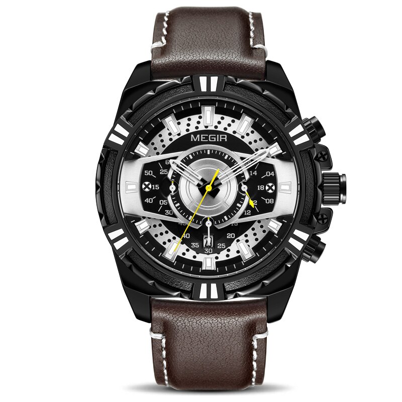 Nuevos relojes de lujosa para hombre, relojes deportivos con cronógrafo MEGIR para hombre, relojes de cuarzo de cuero a prueba de agua para hombre, reloj Masculino: Brown