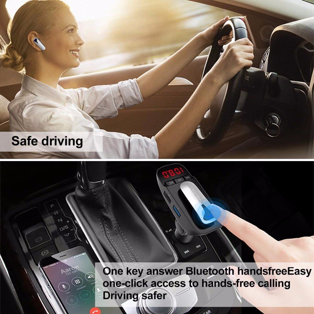 FM Transmitter Bluetooth V4.2 Handsfree Car Kit + Headset Earphone FM Modulator Adapter Aux Output Inout Support TF Card U-disk