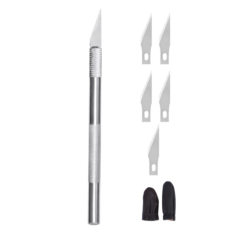 MIUSIE Engraving Cutter With 5pcs Blades And 2pcs Finger Protectors Metal Handle Leather Carving Sculpture Non-Slip Safety Knife: silver