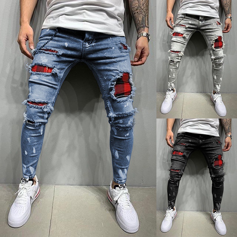 See zerrissene Jeans männer schlank passen Dünne Jeans Hüfte hüpfen Streetwear Patchwork Jeans Elastizität gotisch hosen männer