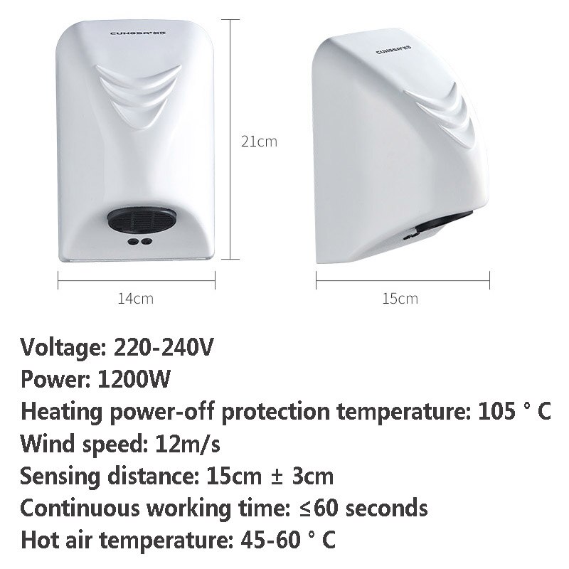 Elektrisk automatisk induktion håndtørrer maskine 20s hurtig kold vind hånd tørretumbler husstand kompakt vægmontering type