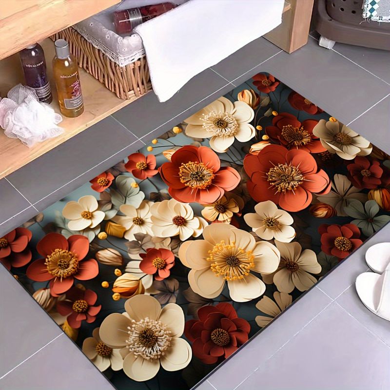 Alfombra de baño con patrón 3d de flores, alfombrilla antideslizante superabsorbente para cocina y baño, almohadilla de barro para pies, decoración de habitación del hogar, alfombras de entrada: Azul / 400 mm x 600 mm