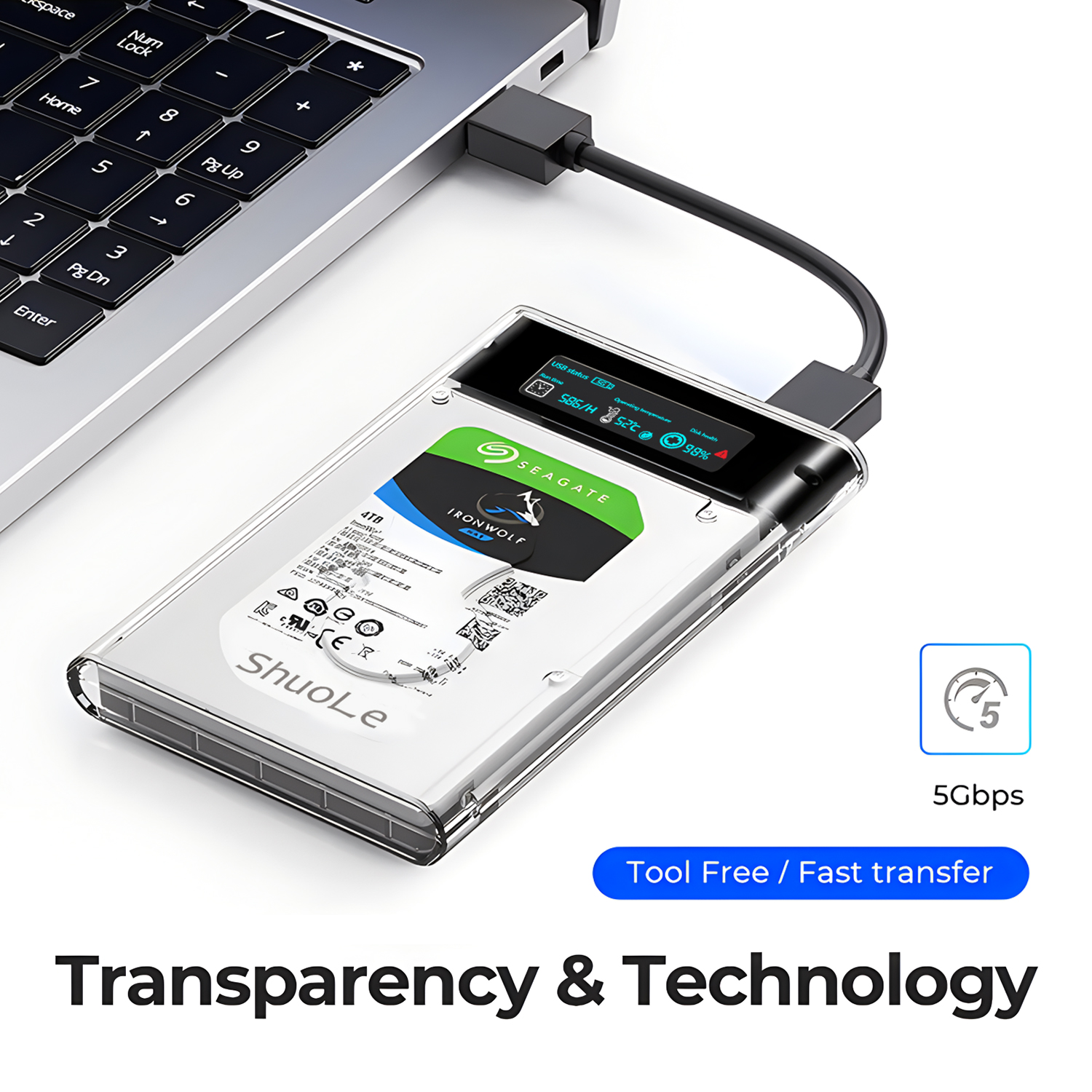 USB3.2 External HDD Case 5Gbps 2.5 Inch Transparent Hard Disk Case Hard Drive Enclosure SATA HDD SSD Storage Case for Laptop PC