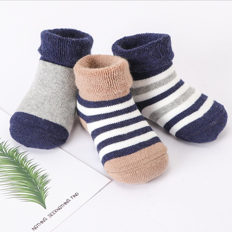 Chaussettes d'hiver épaisses et chaudes, à rayures, en coton, pour bébés et filles, 3 paires/lot, à chaussettes d'hiver: Vert armée / S (0-1 years)