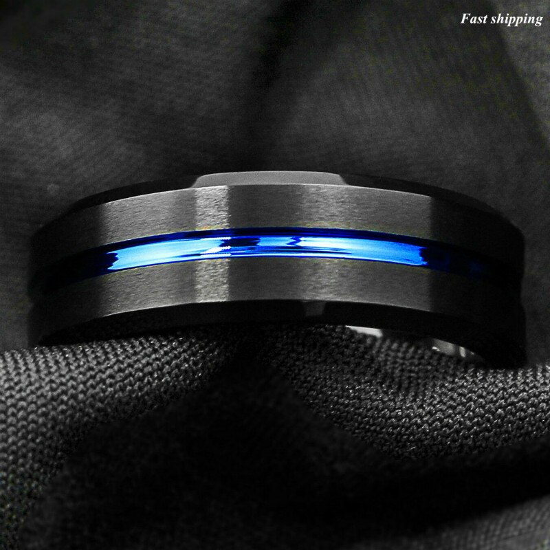 Moredear Luxe Tungsten Carbide Ring Dunne Blauwe Lijn-Binnen Zwart Geborsteld Pary Wedding Band Mannen Memorial Sieraden